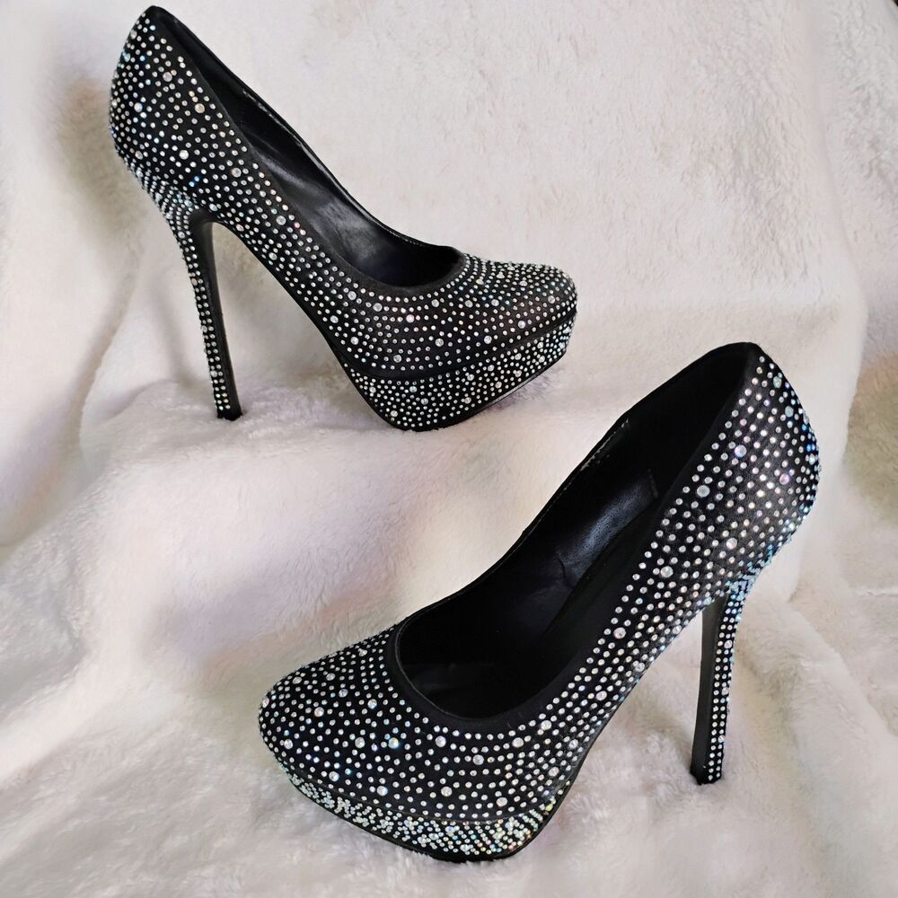 Deb Black Rhinestone Platform Stiletto Heels - Picture 7 of 16